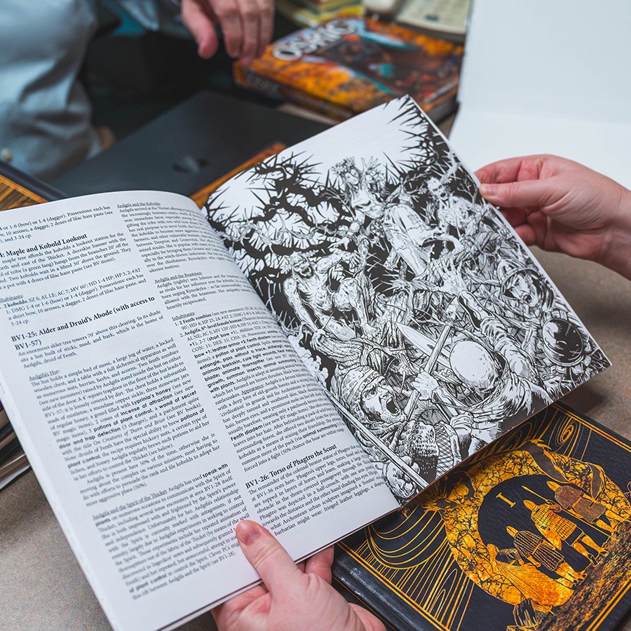 Close-up on Dungeons and Dragons book illustration.